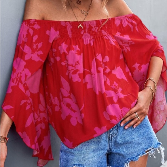 Boho Floral Print Off Shoulder Shirred Top Blouse - Picture 14 of 17